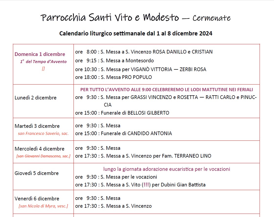 Calendario Liturgico (1-8 dic.)