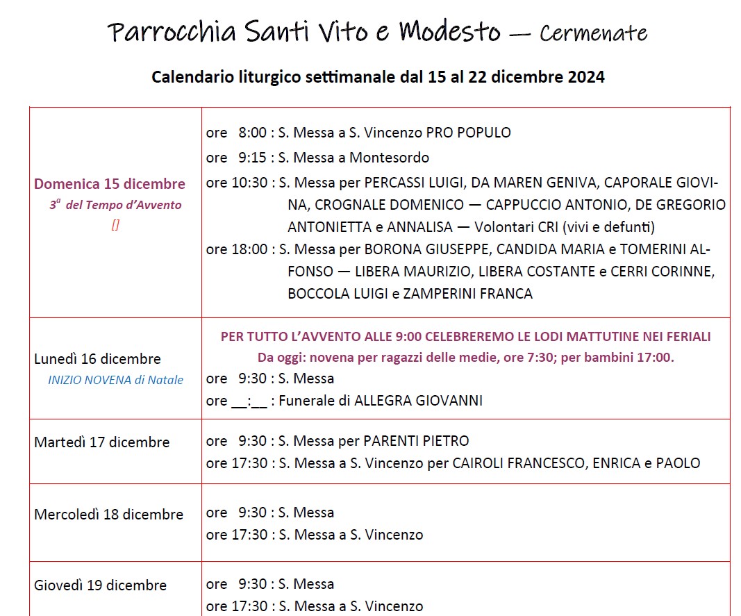 Calendario liturgico (15-22 dic.)