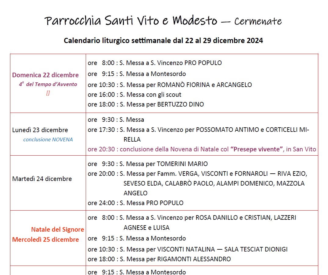 Calendario liturgico (22-29 dicembre)