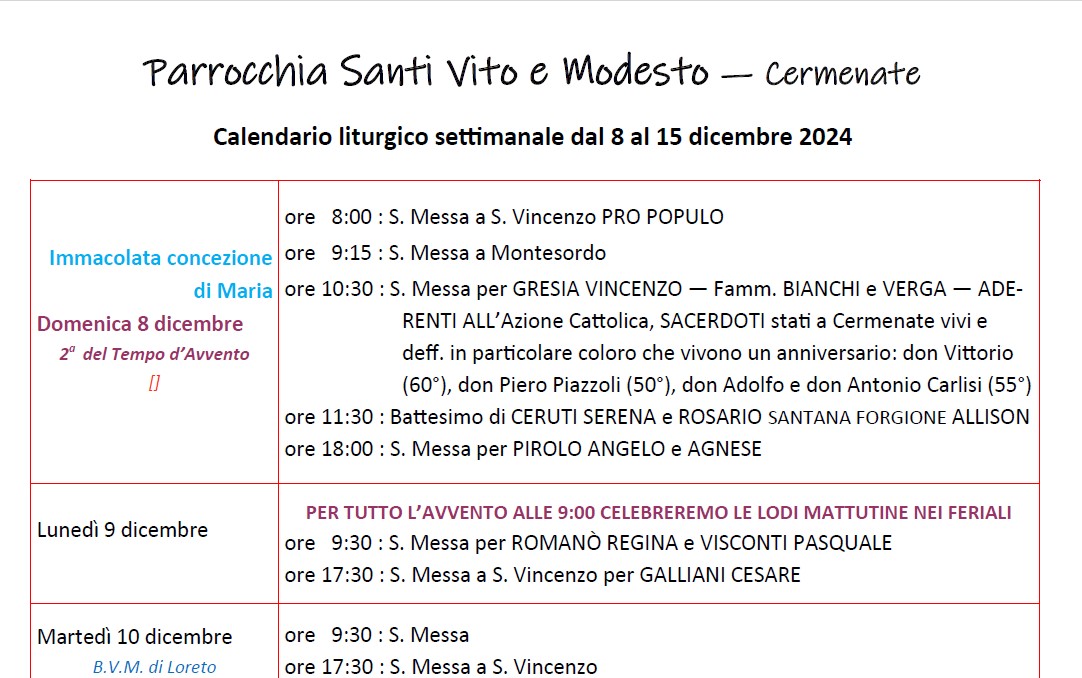 Calendario liturgico (8-15 dic.)