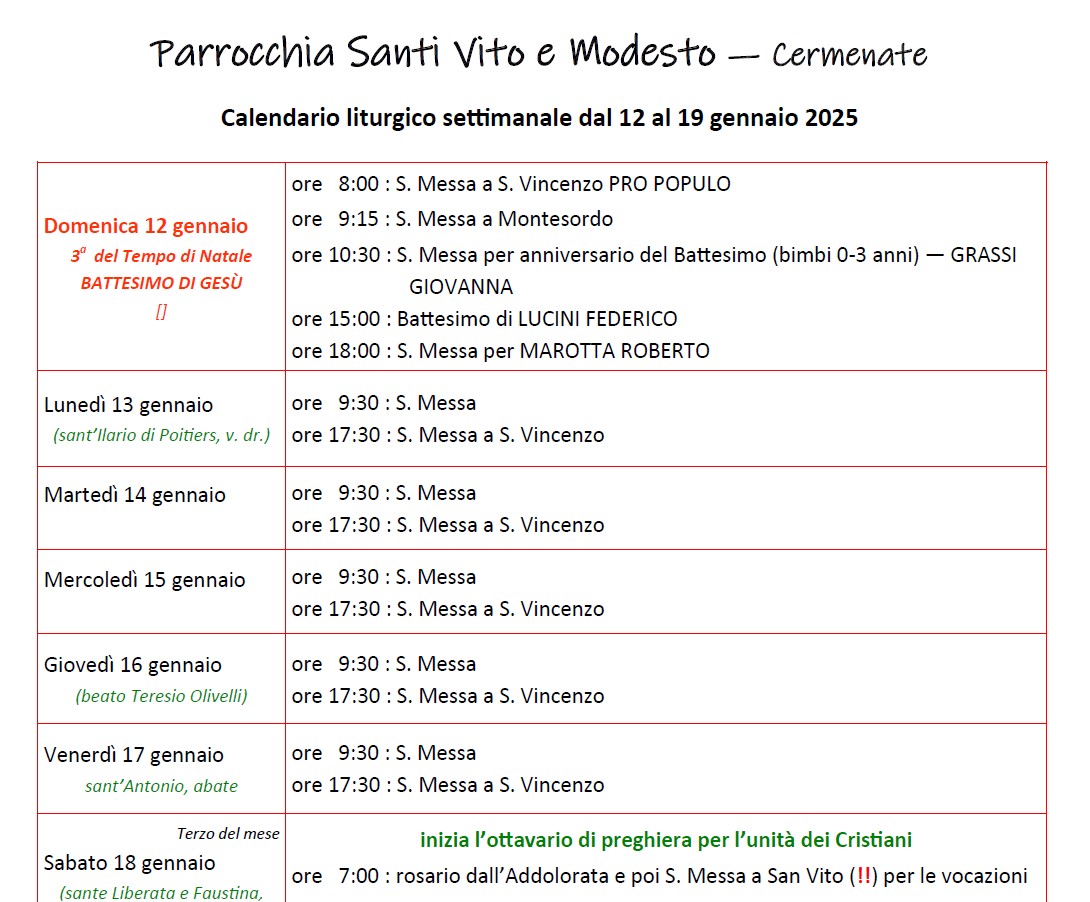 Calendario Liturgico (12-19 gennaio)
