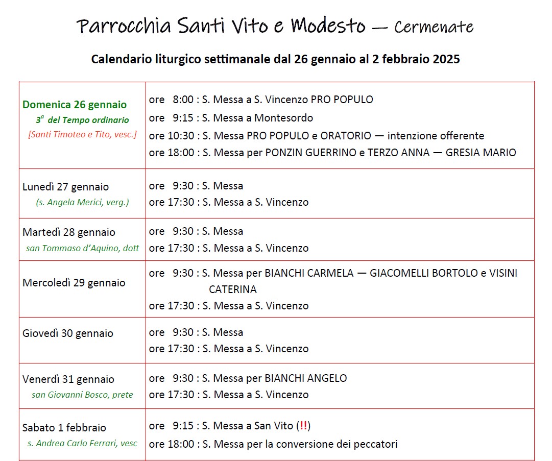Calendario Liturgico (26/1-2/2)