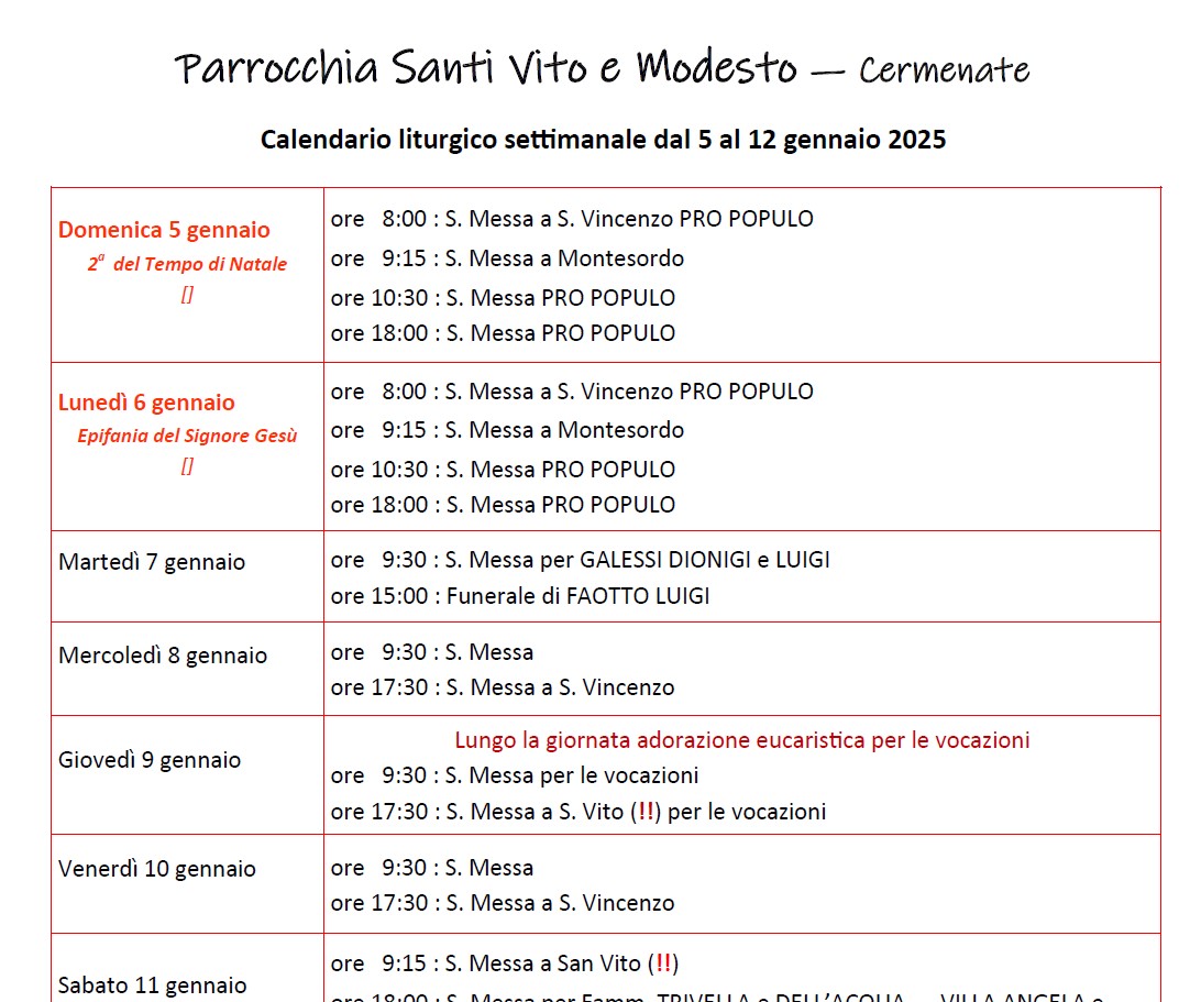 Calendario Liturgico (5-12 gennaio)