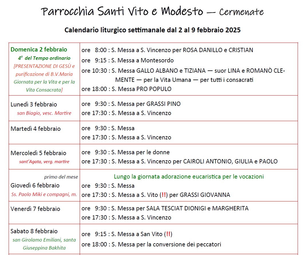 Calendario Liturgico (2-9 febbraio)