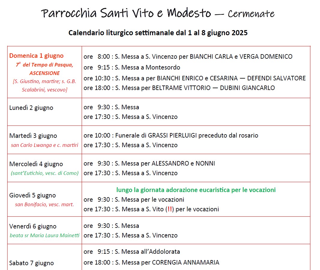 Calendario Liturgico (1-8 giugno)