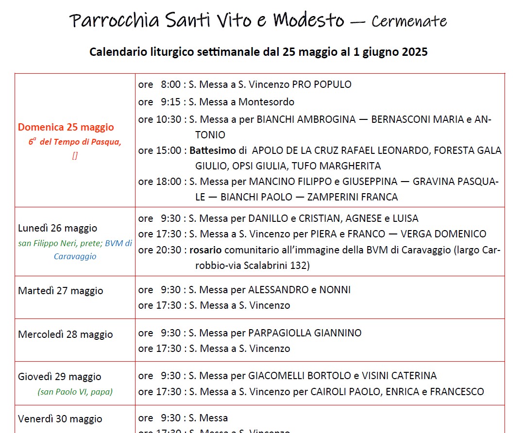 Calendario Liturgico (25-1 giugno)