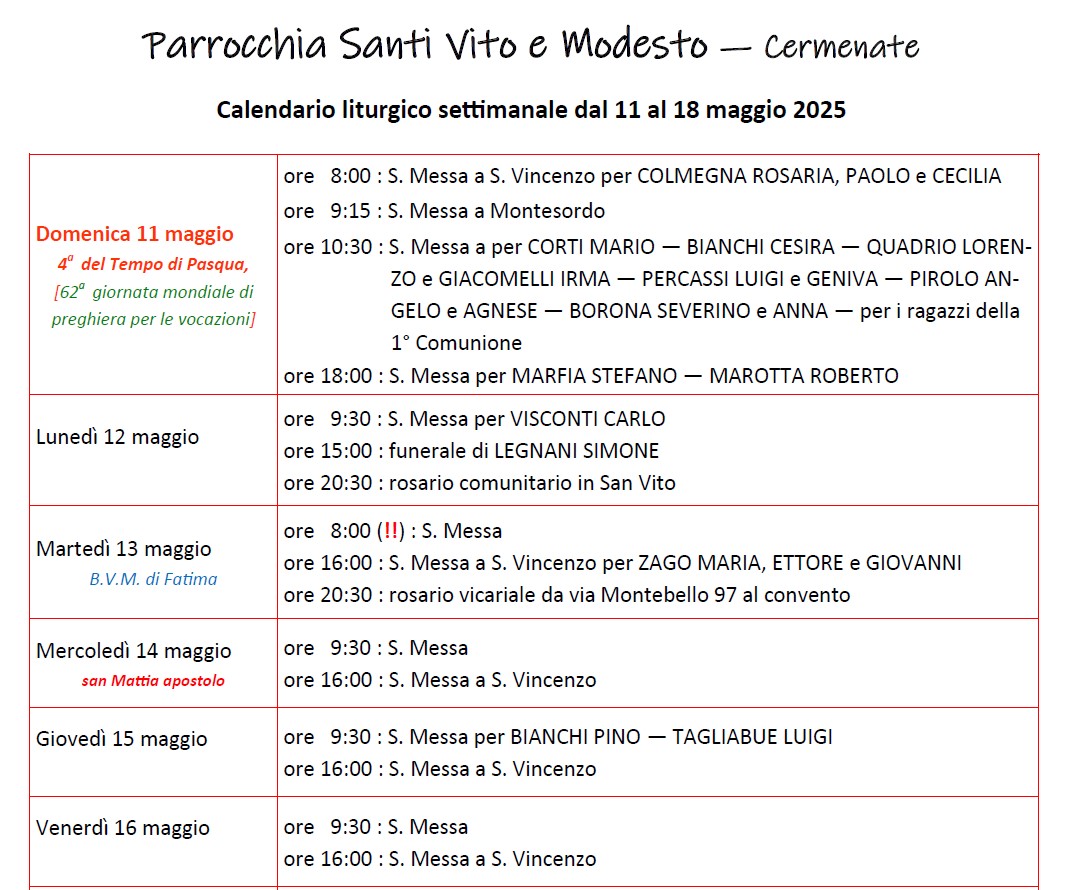 Calendario Liturgico (11-18 maggio)