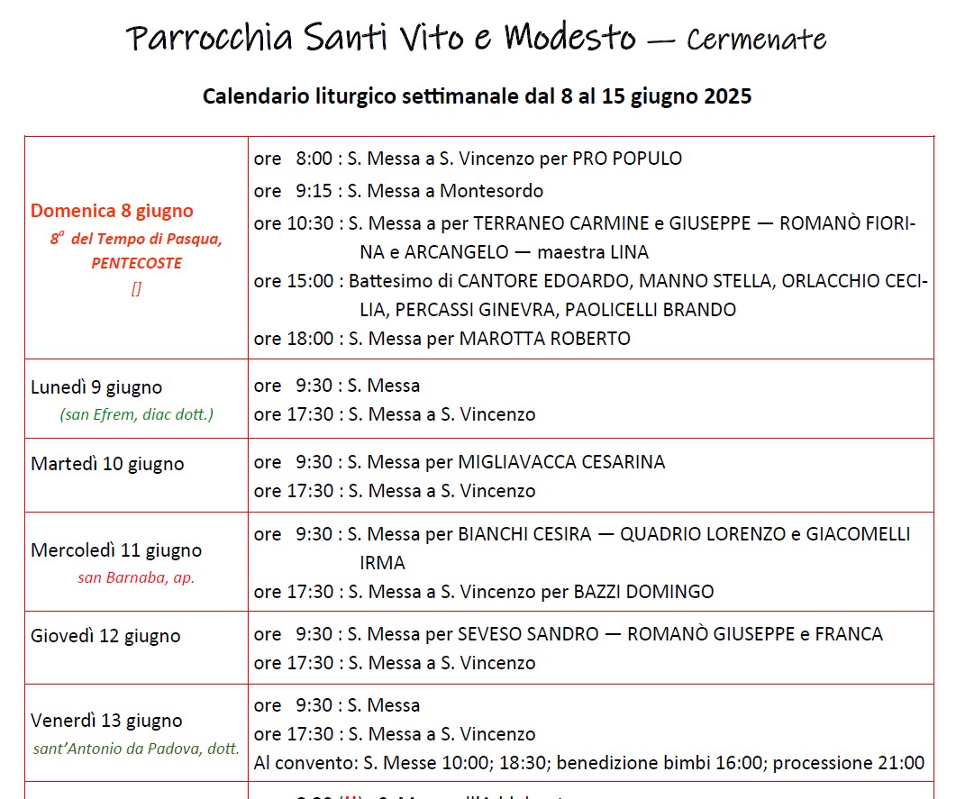 Calendario Liturgico (8-15 giugno)