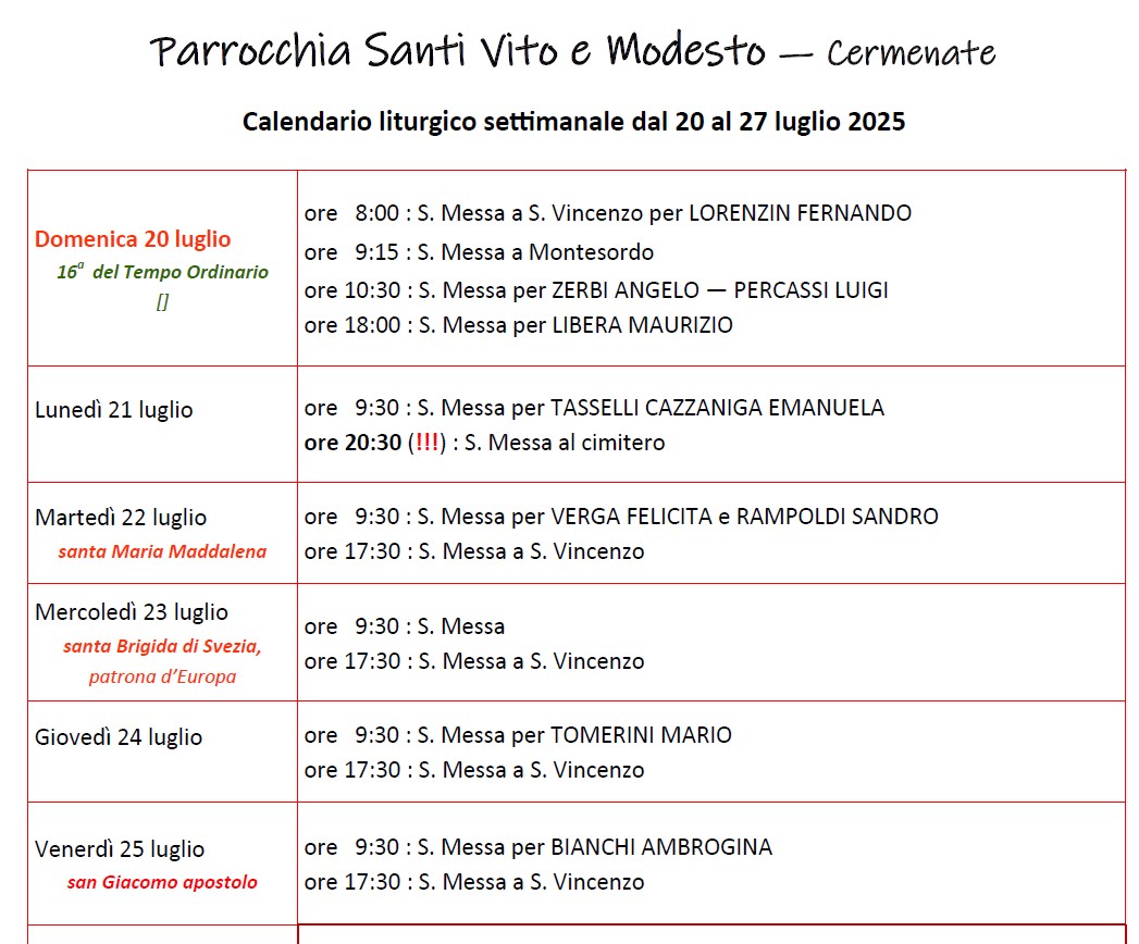 Calendario Liturgico (20-27 luglio)