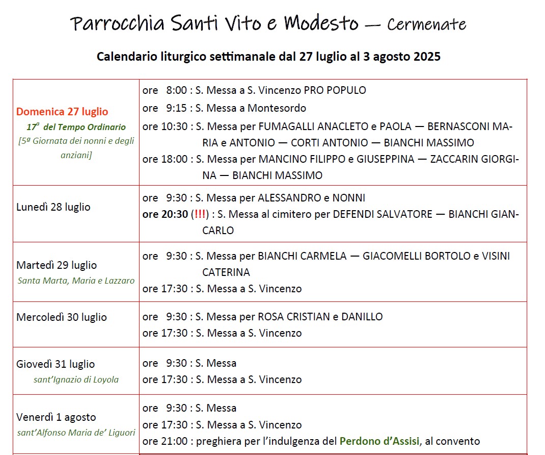 Calendario Liturgico (27-3 agosto)