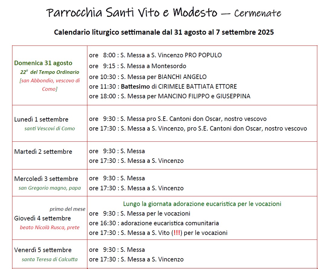 Calendario Liturgico (31-7 settembre)