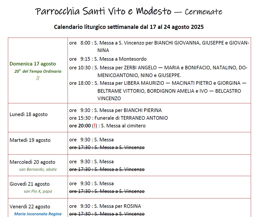 Calendario Liturgico (17-24 agosto)