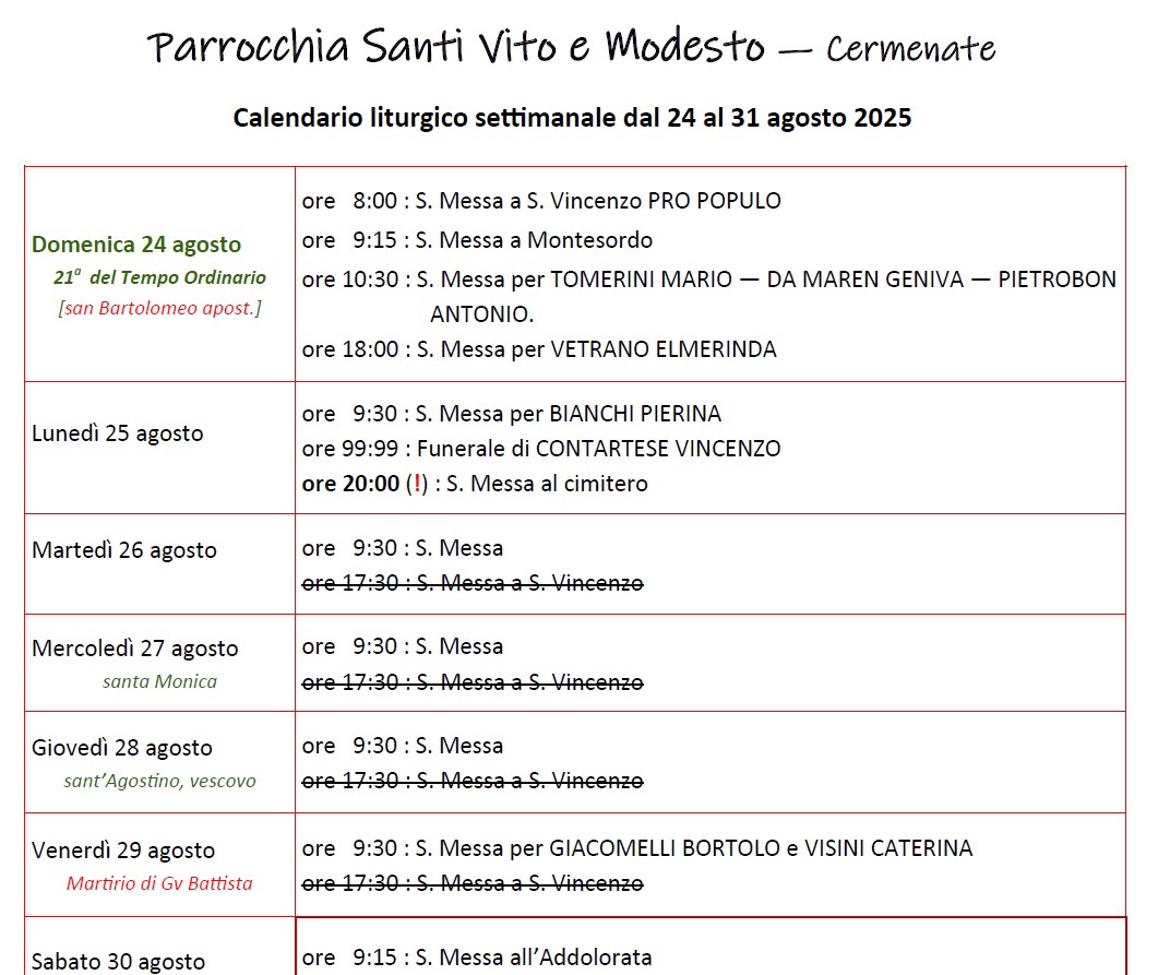 Calendario Liturgico (24-31 agosto)