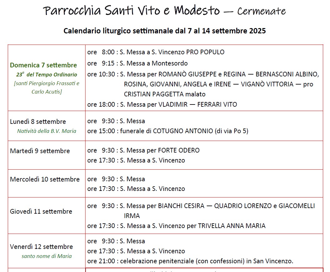 Calendario Liturgico (7-14 settembre)