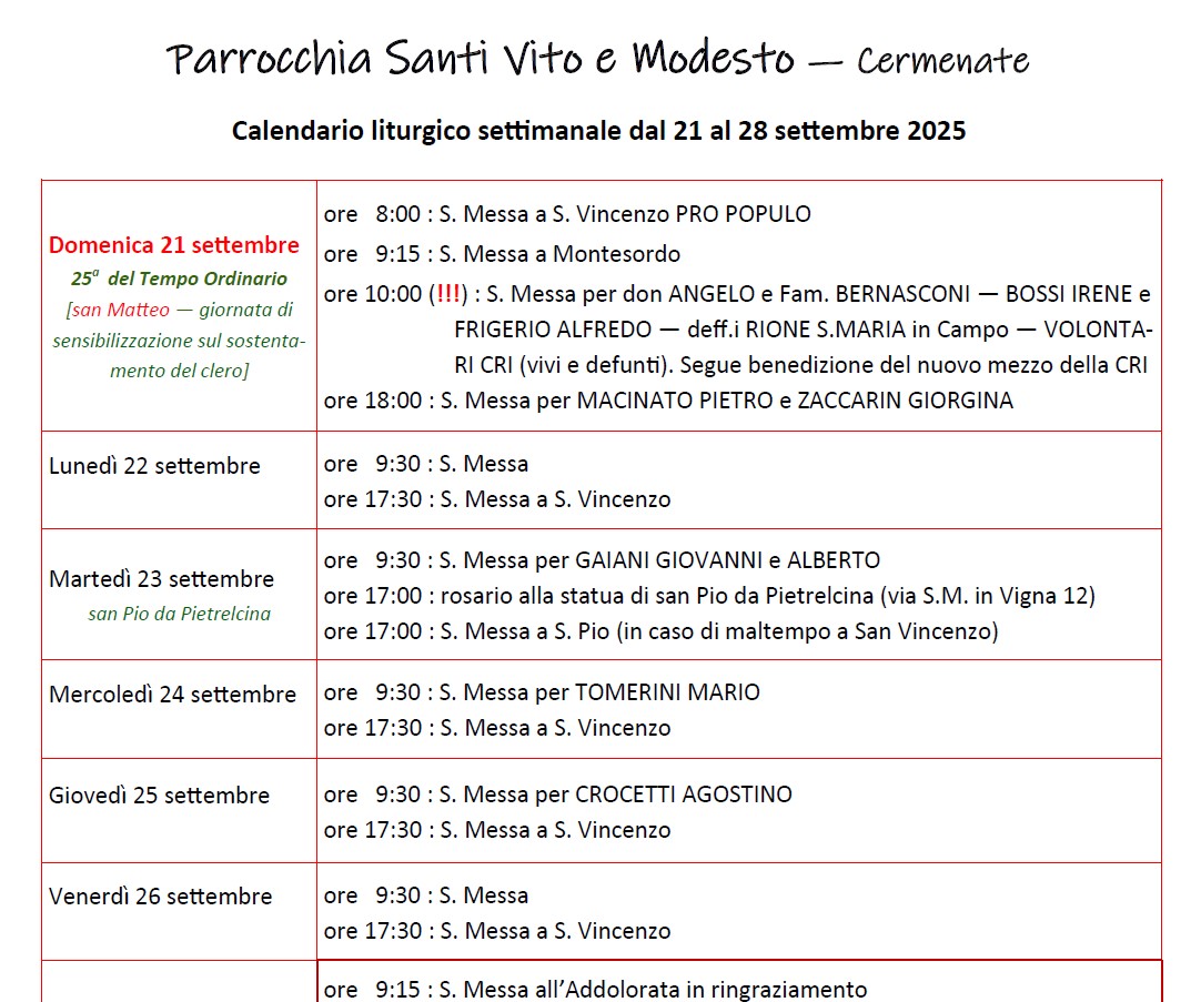 Calendario Liturgico (21-28 settembre)