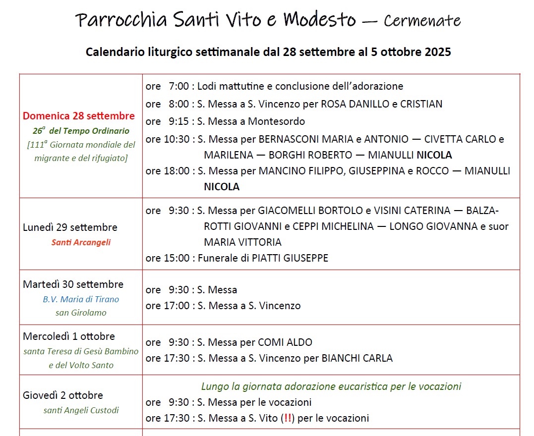 Calendario Liturgico (28-5 ottobre)