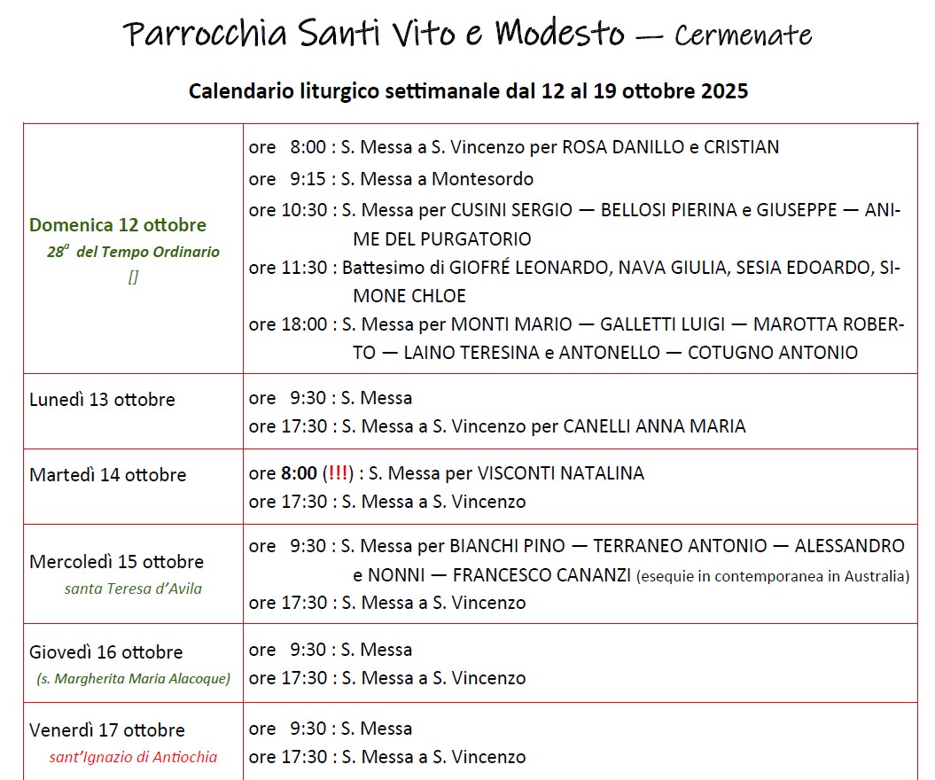Calendario Liturgico (12-19 ottobre)
