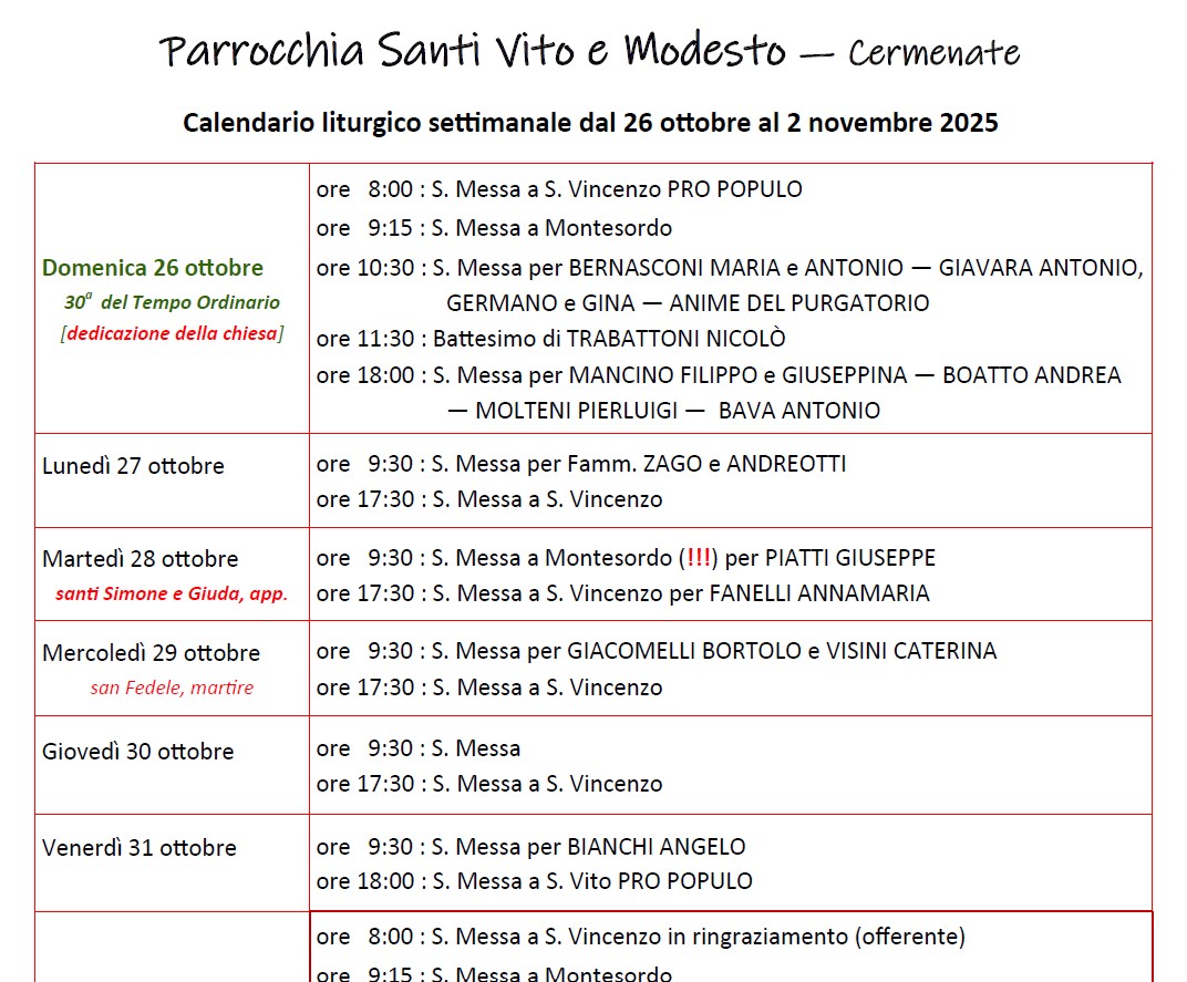 Calendario Liturgico (26-2 novembre)