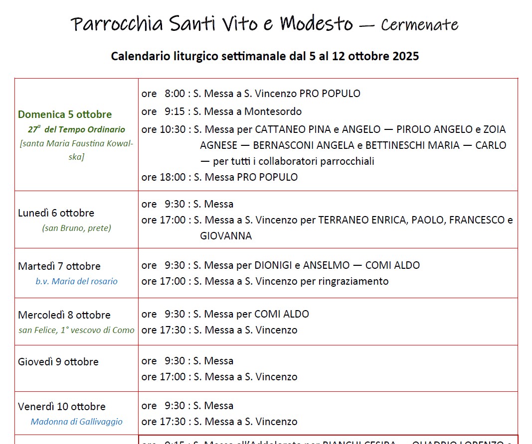 Calendario Liturgico (5-12 ottobre)