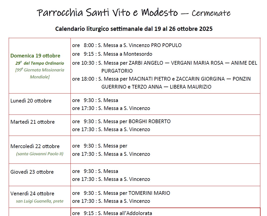 Calendario Liturgico (19-26 ottobre)