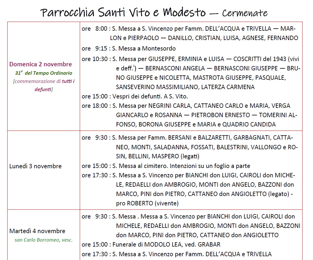 Calendario Liturgico (2-9 novembre)