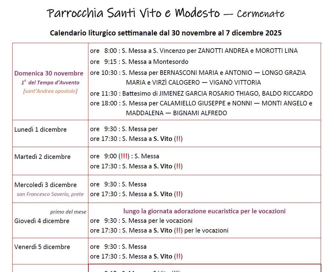 Calendario Liturgico (30-7 dicembre)
