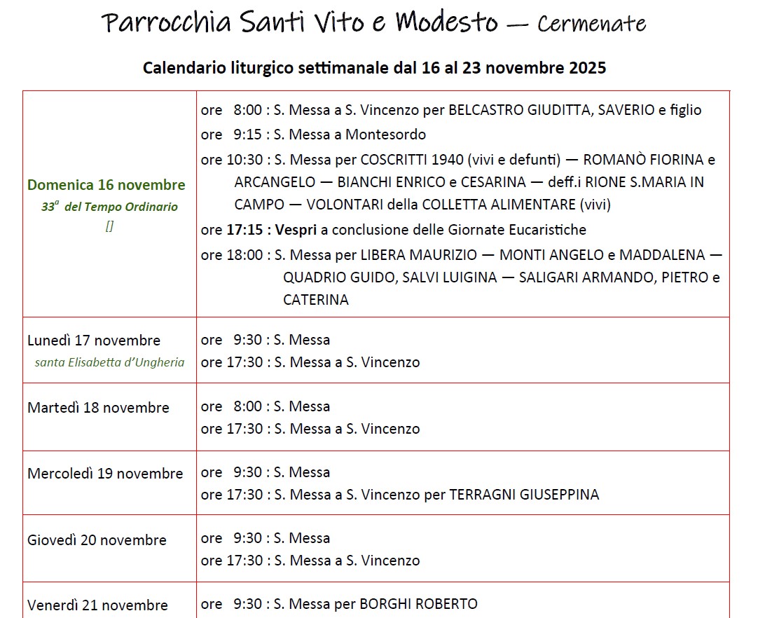 Calendario Liturgico (16-23 novembre)