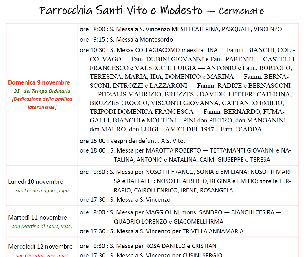 Calendario Liturgico (9-16 novembre)