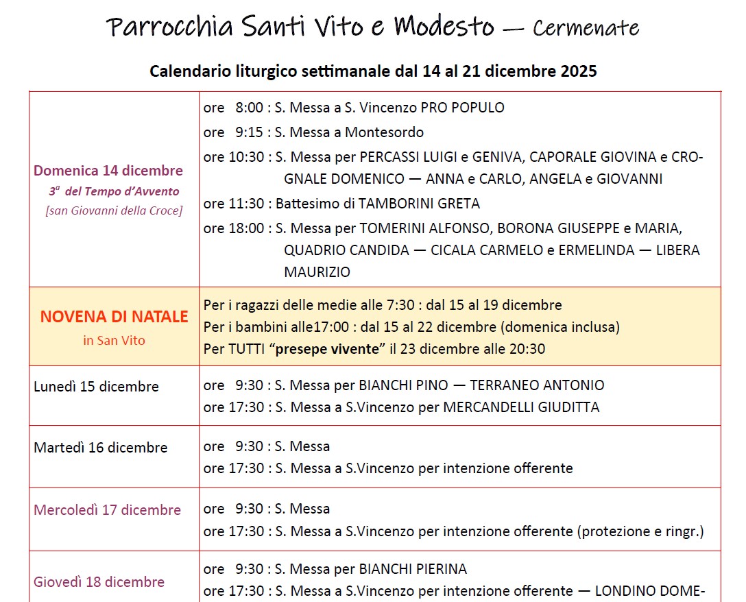 Calendario Liturgico (14-21 dicembre)