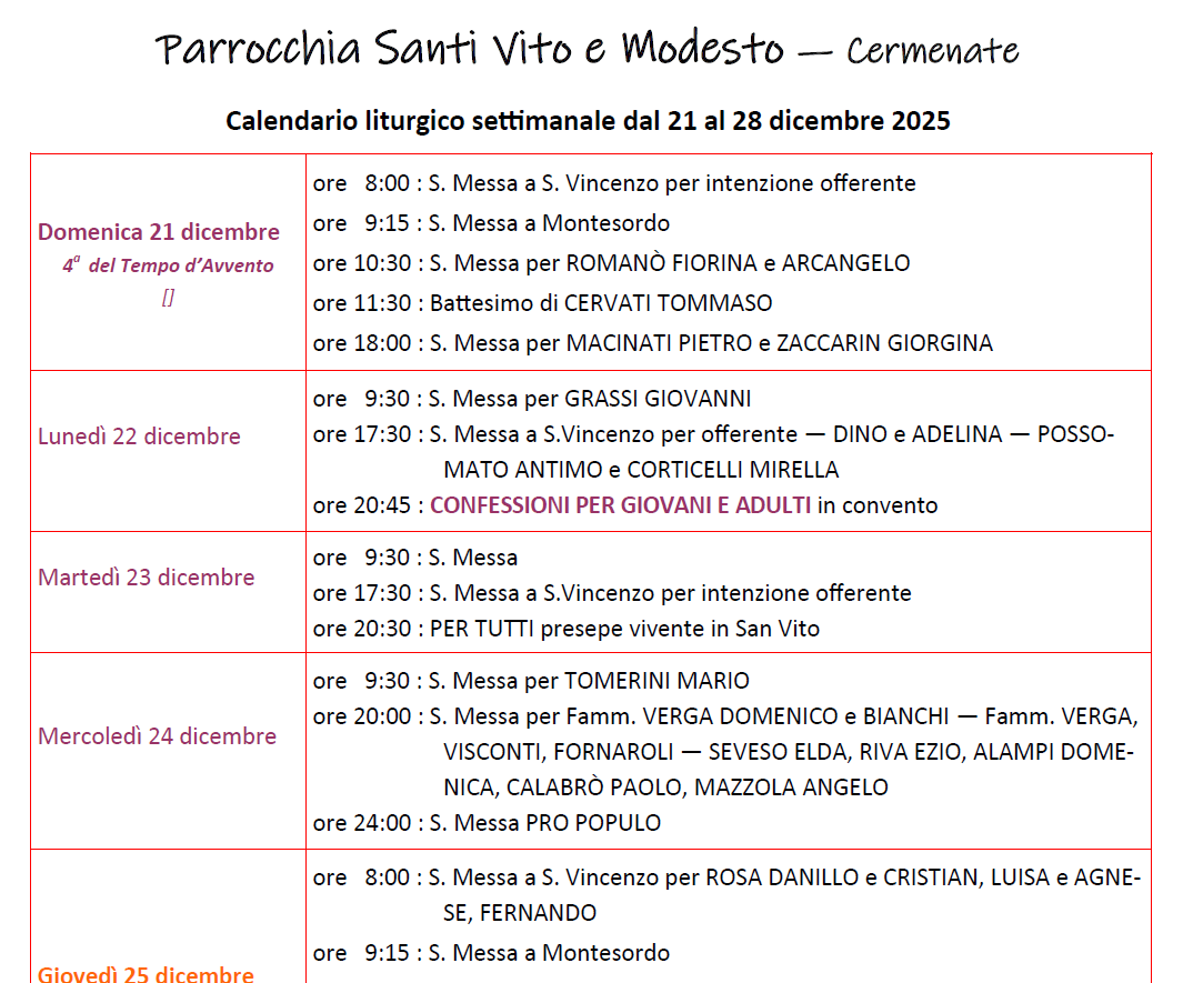 Calendario Liturgico (21-28 dicembre)