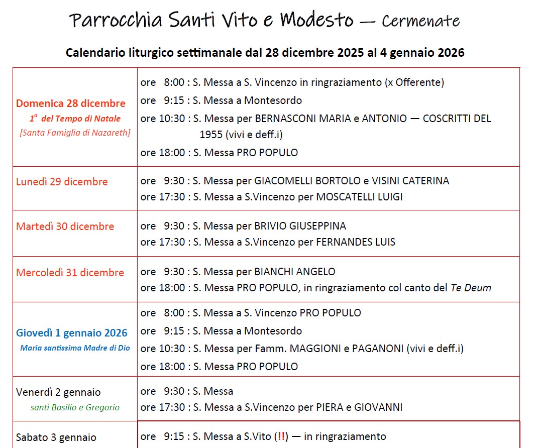 Calendario Liturgico (28-4 gennaio)