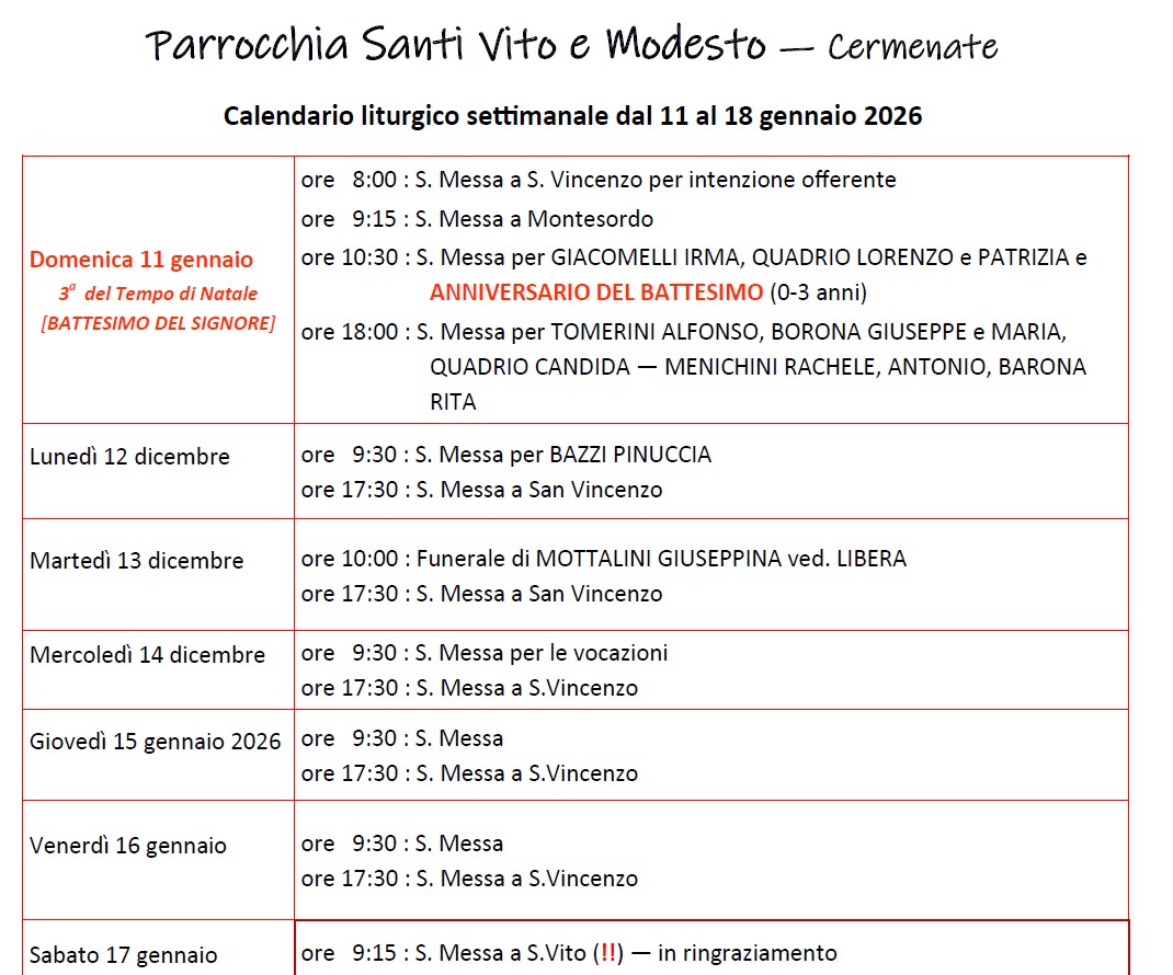 Calendario Liturgico (11-18 gennaio)