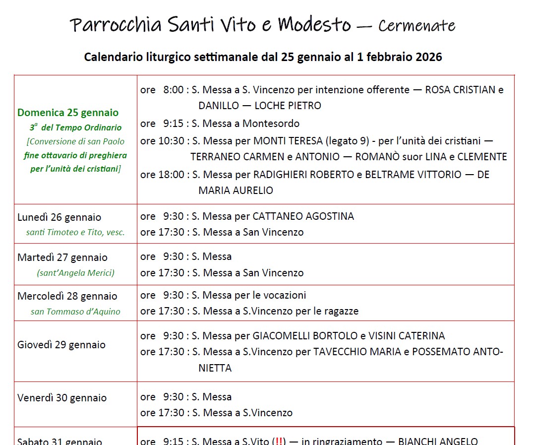 Calendario Liturgico (25-1 febbraio)