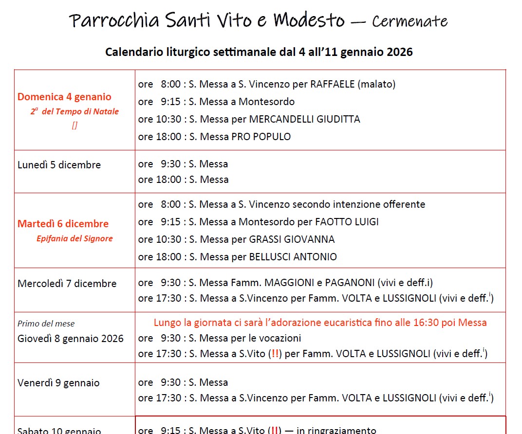 Calendario Liturgico (4-11 gennaio)