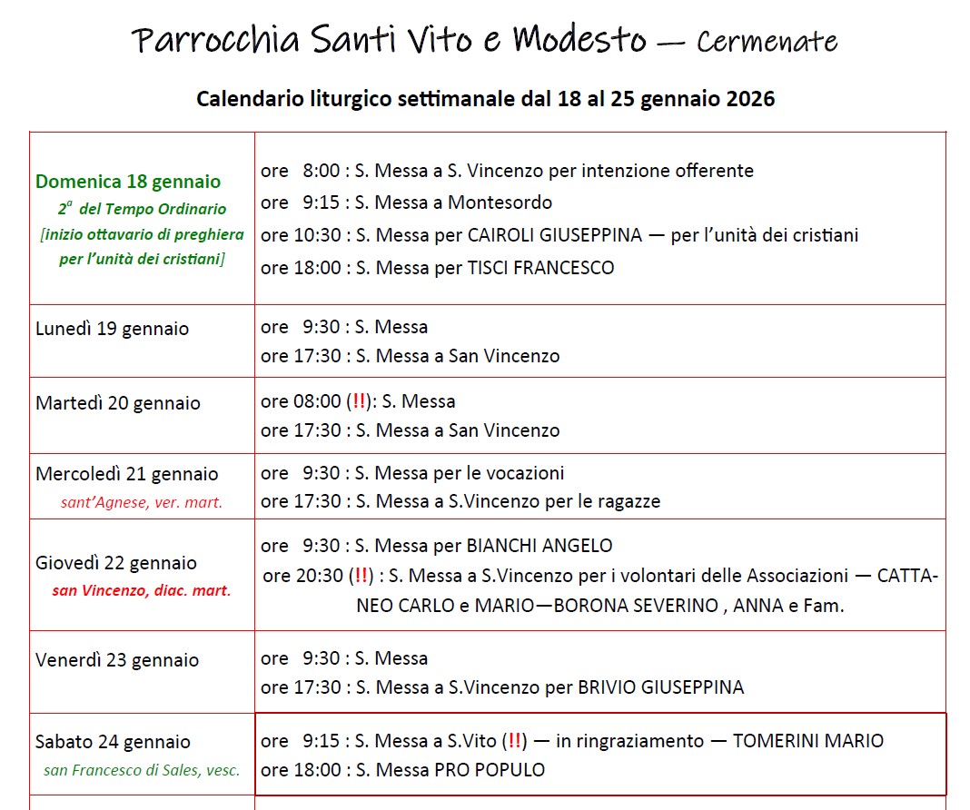Calendario Liturgico (18-25 gennaio)