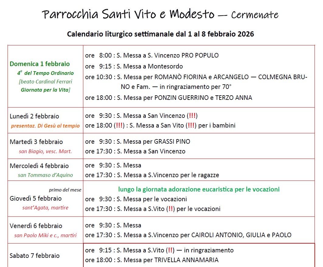 Calendario Liturgico (1-8 febbraio)