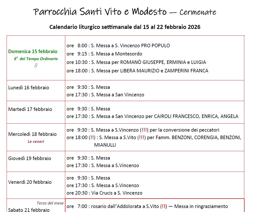 Calendario Liturgico (15-22 febbraio)
