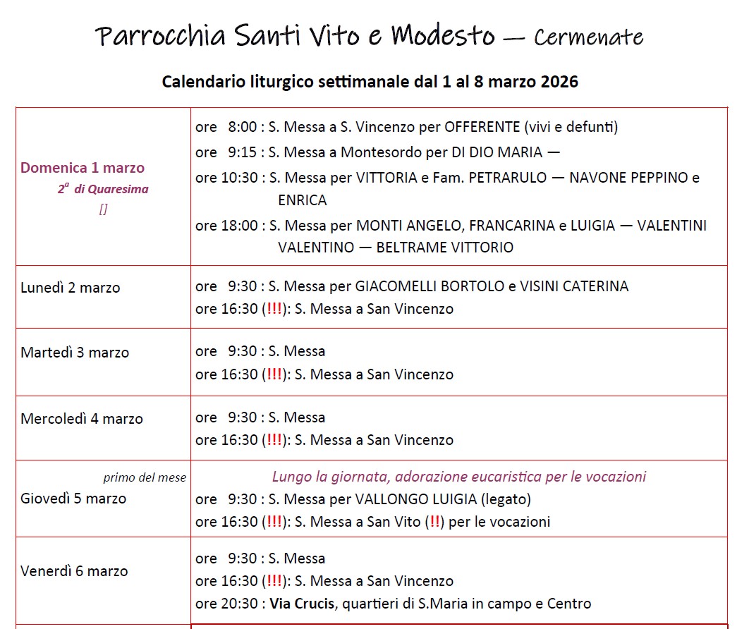 Calendario Liturgico (1-8 marzo)
