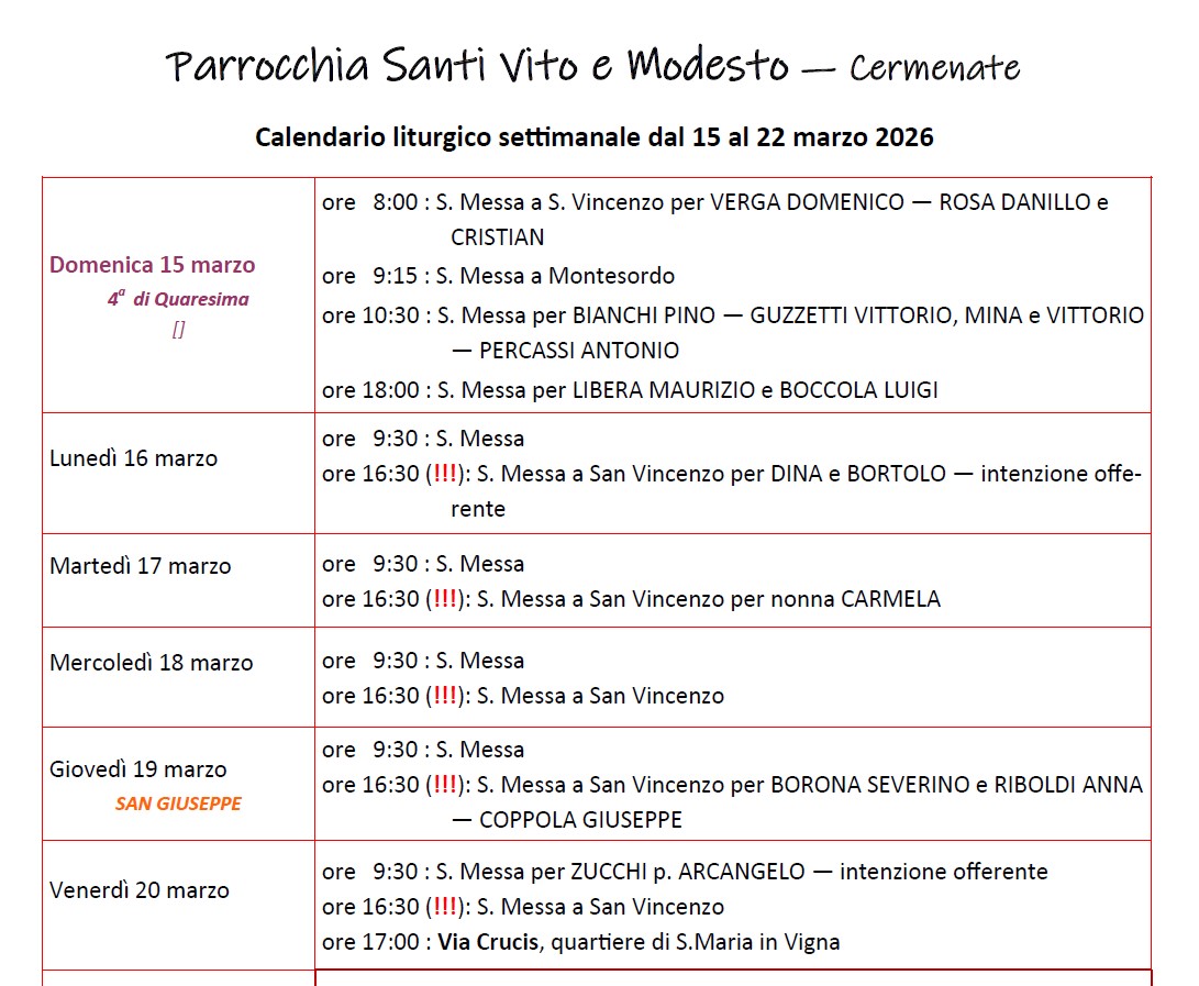 Calendario Liturgico (15-22 marzo)