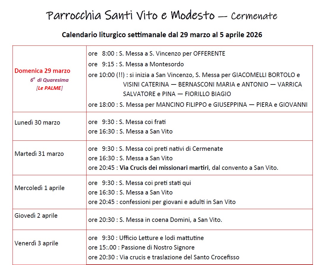 Calendario Liturgico (29-05 aprile)