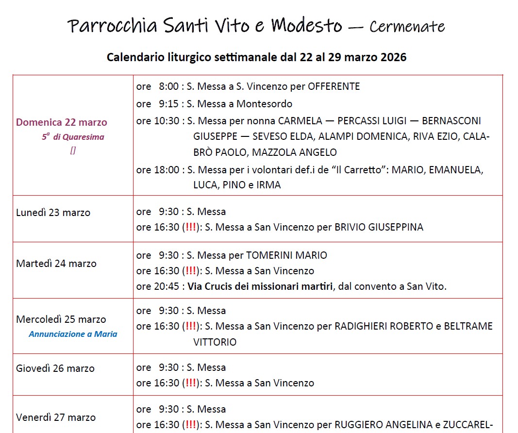 Calendario Liturgico (22-29 marzo)