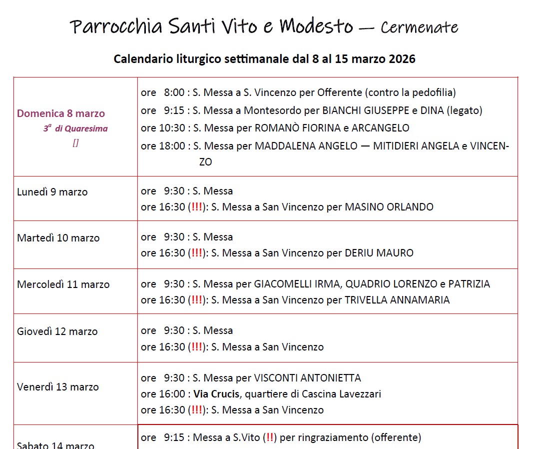 Calendario Liturgico (8-15 marzo)