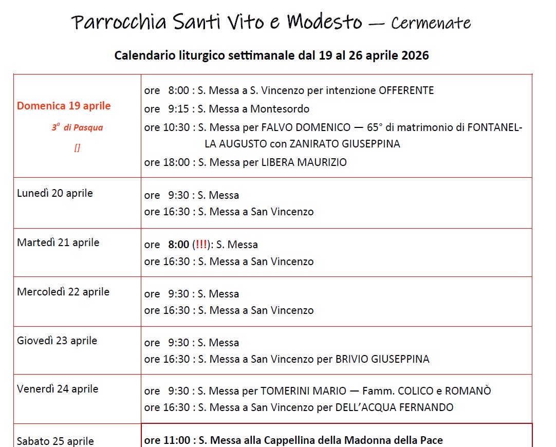 Calendario Liturgico (19-26 aprile)