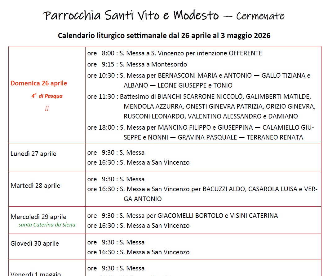 Calendario Liturgico (26-3maggio)