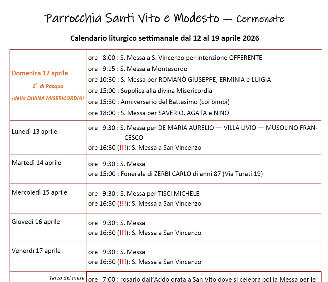 Calendario Liturgico (12-19 aprile)