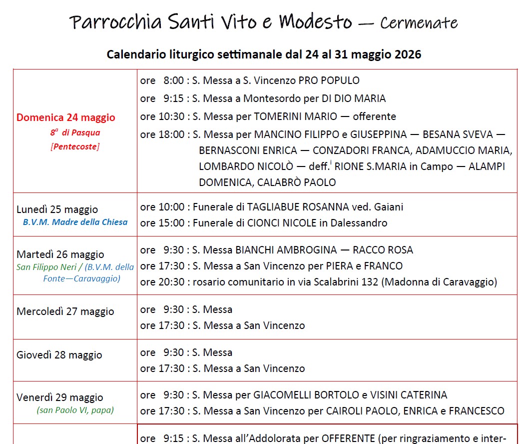 Calendario Liturgico (24-31 maggio)