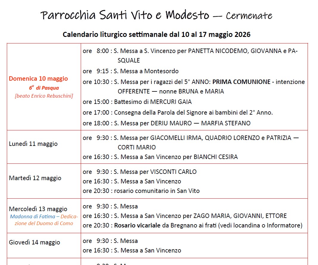 Calendario Liturgico (10-17 maggio)