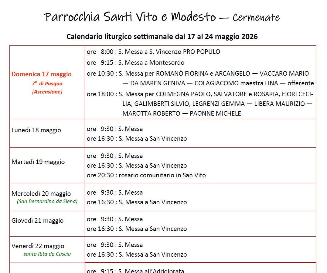 Calendario Liturgico (17-24 maggio)