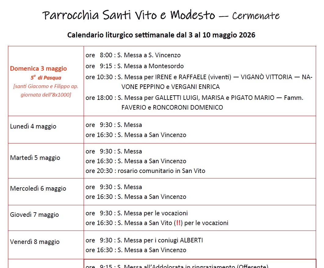Calendario Liturgico (3-10 maggio)