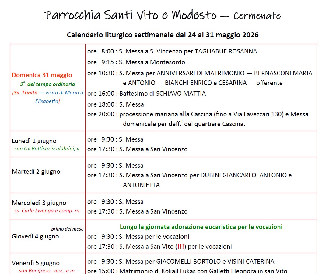 Calendario Liturgico (31-7 giugno)
